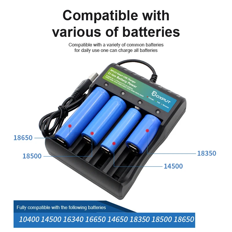 Cargador de batería de iones de litio con 4 ranuras USB, Cargador Universal independiente para batería de litio 18500 18350 16650 16340 14650 14500