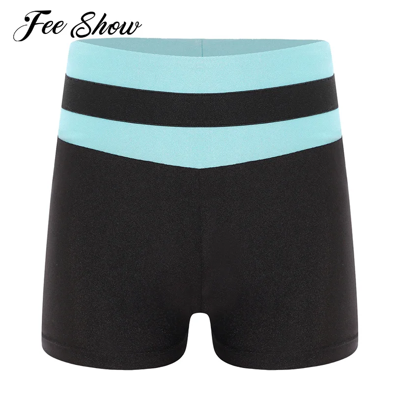 Kids Girls Yoga Sport Bottoms Color Block Elastic Waistband Shorts Gymnastics Sport Workout Short Pants Swimming Trunks Swimwear