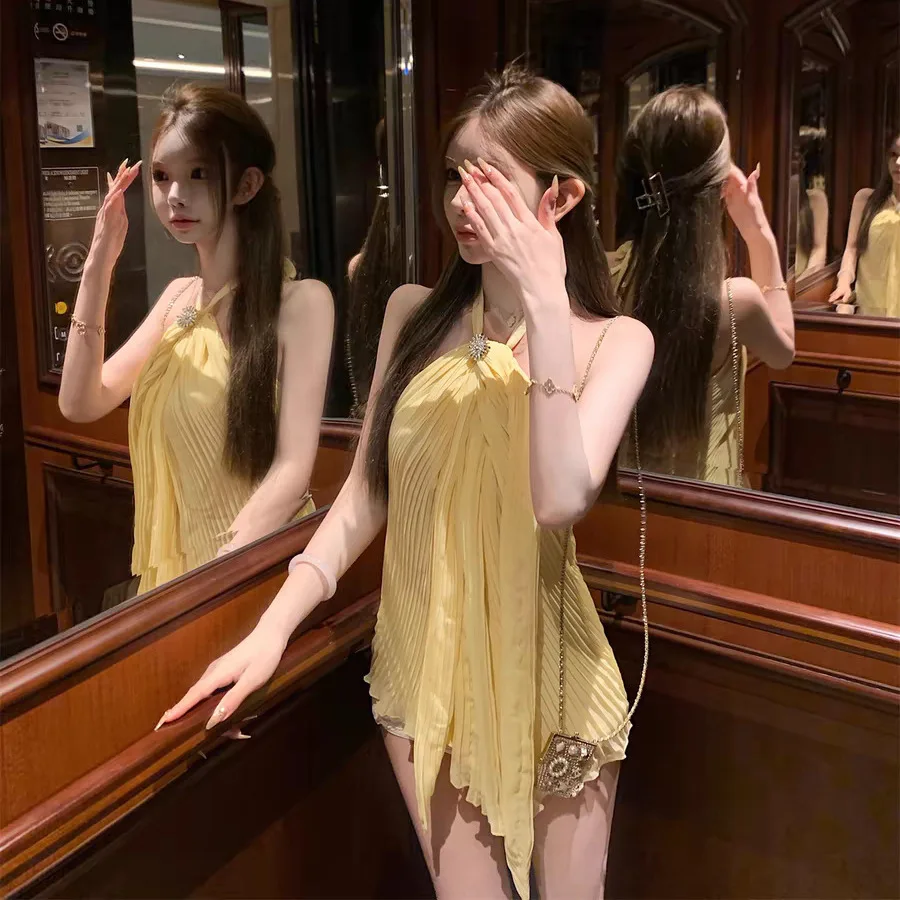 

customized women's adult fashion clothing summer new one-piece skirt beautiful back A-line yellow sexy suspender dress bodysuit