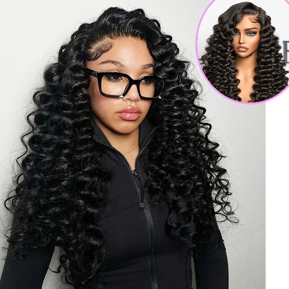 شعر بشري برازيلي بكر بكثافة 250%، تم قطعه مسبقًا مع إغلاق دانتيل 13 × 4، مقاس بدون خياطة، مظهر طبيعي، شعر مستعار مموج عميق فضفاض #2