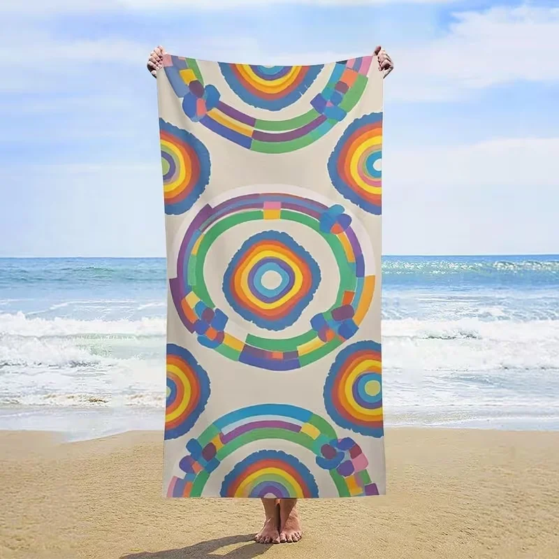 Abstract Geometric Rainbow Circle Art Beach Towel Sand Free Blanket Colorful Swirl Ring Minimalist Print Lightweight Towel