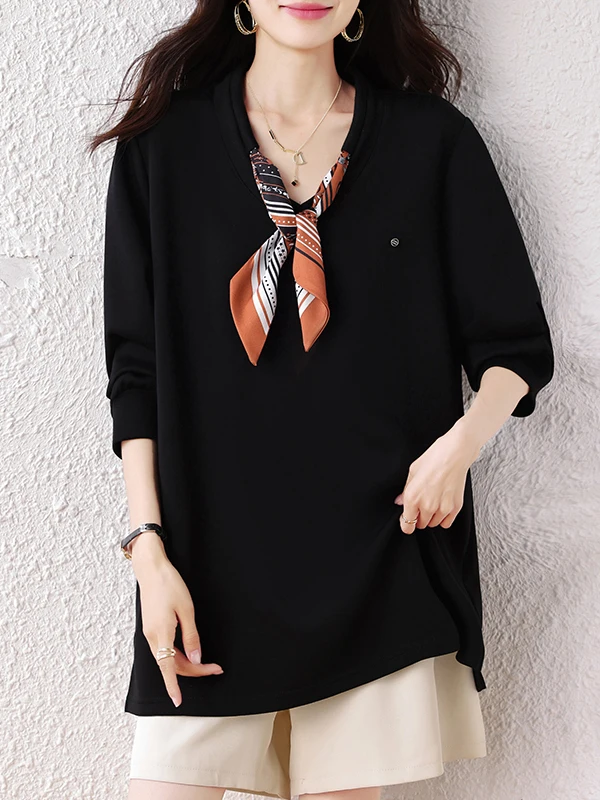Fashionable Simple Women's Sweatshirt Tie T-Shirt Slimming Top Autumn New Arrival Label Removed Casual Wear for Middle-Aged