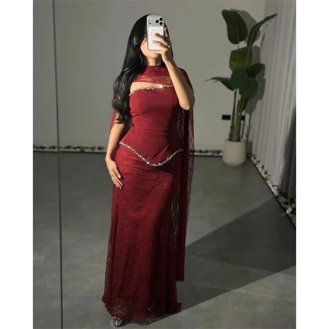 

Burgundy Lace Beaded Long Bespoke Occasion Gown Evening Dresses Pastrol Unisex Jersey Retro Dubai Saudi Arabic Prom Customized