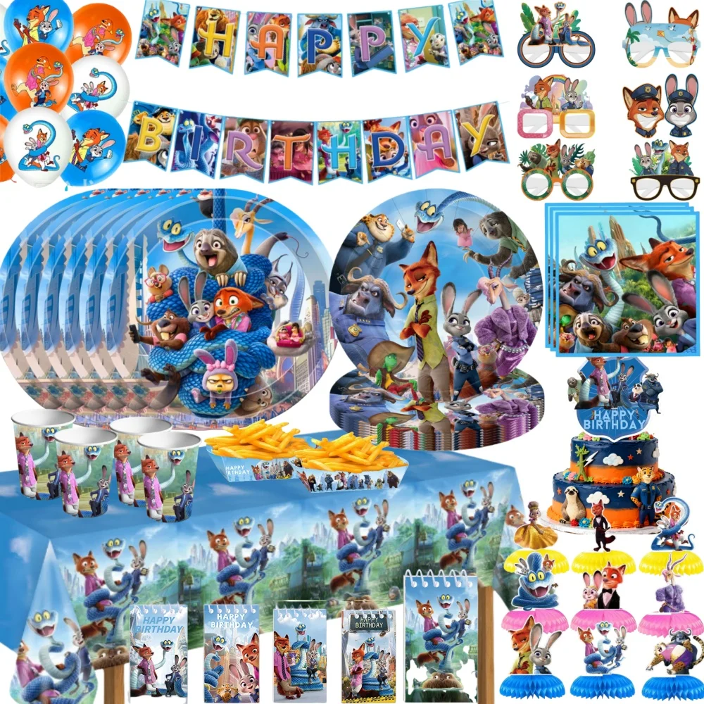 Décorations de fête d'anniversaire Zootopia 2, ensemble de vaisselle Judy Nick, gobelets, assiettes, bannière de fond, sacs cadeaux, ballons, fournitures de fête pour enfants