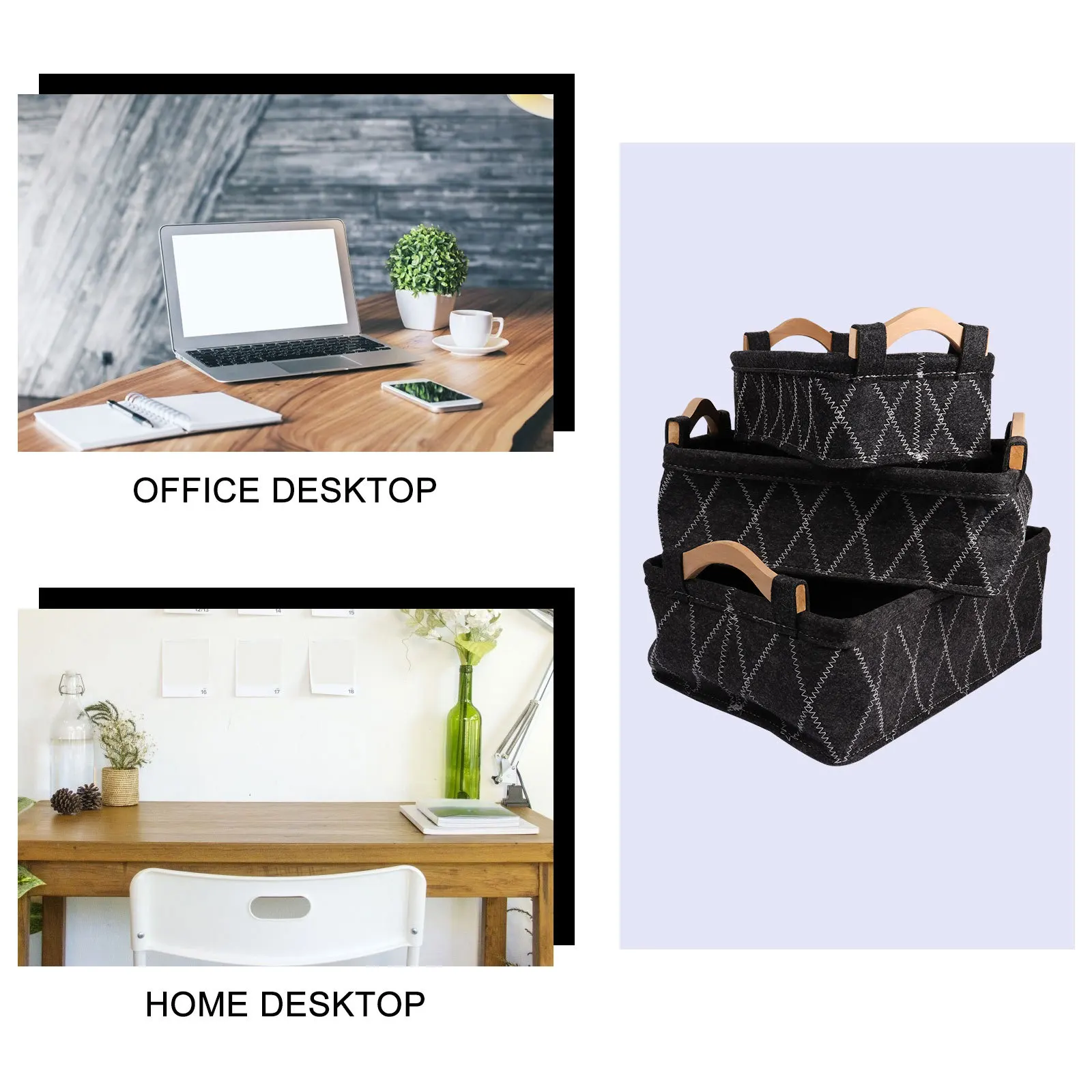 

1Set Japanese Style Felt Storage Baskets Soft 3 Sizes Portable Wooden Handle Cosmetics Makeup Organizer