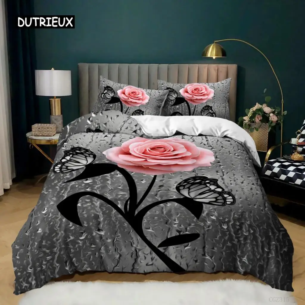 

Pink Rose Duvet Cover Set Queen Size 3D Printed Rose Floral Bedding Set Botanical Blossom Flowers Microfiber Comforter Cover