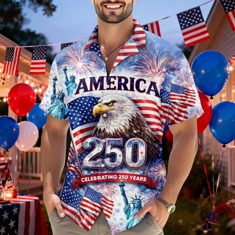 

Celebrating 250th Anniversary United States Hawaiian Shirt 4th Of July Gift Men's Short Sleeve Casual Button Up Surfing Shirts