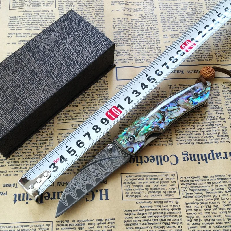 

Exquisite Damascus Steel Colored Abalone Shell Handle Folding Knife Outdoor Camping Travel Portable Knife