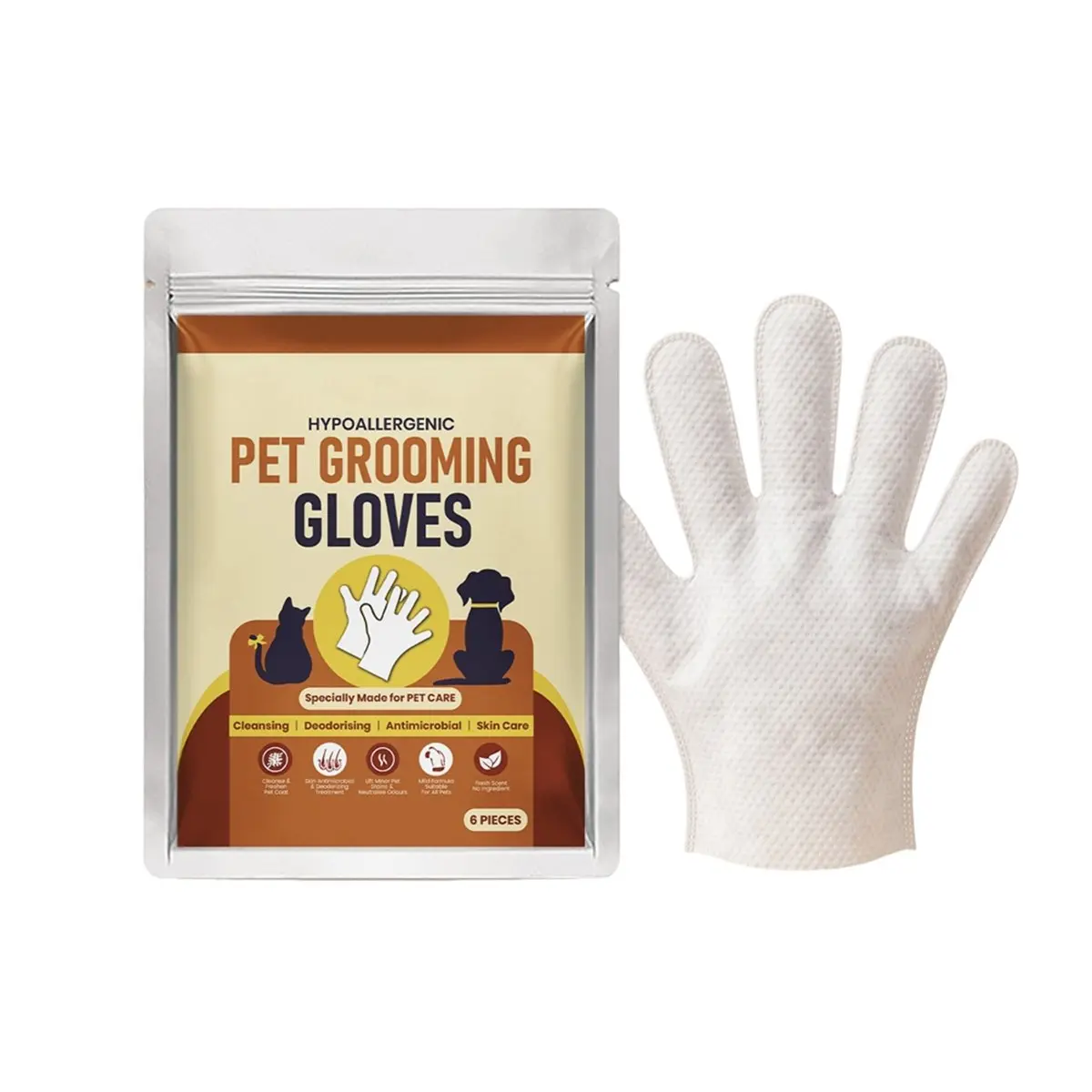 ABDD HOT  Disposable Hypoallergenic Pet Grooming Gloves, No-Rinse Cleaning Wipe Gloves for Dogs, Cats & Small Pets