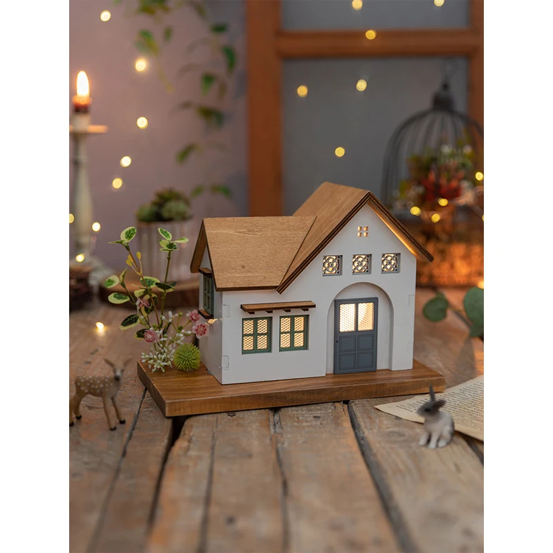 Retro Wooden House Model Ornaments, Micro Landscape, Night Light, Home Living Room, Desktop Decorations, Children's Room