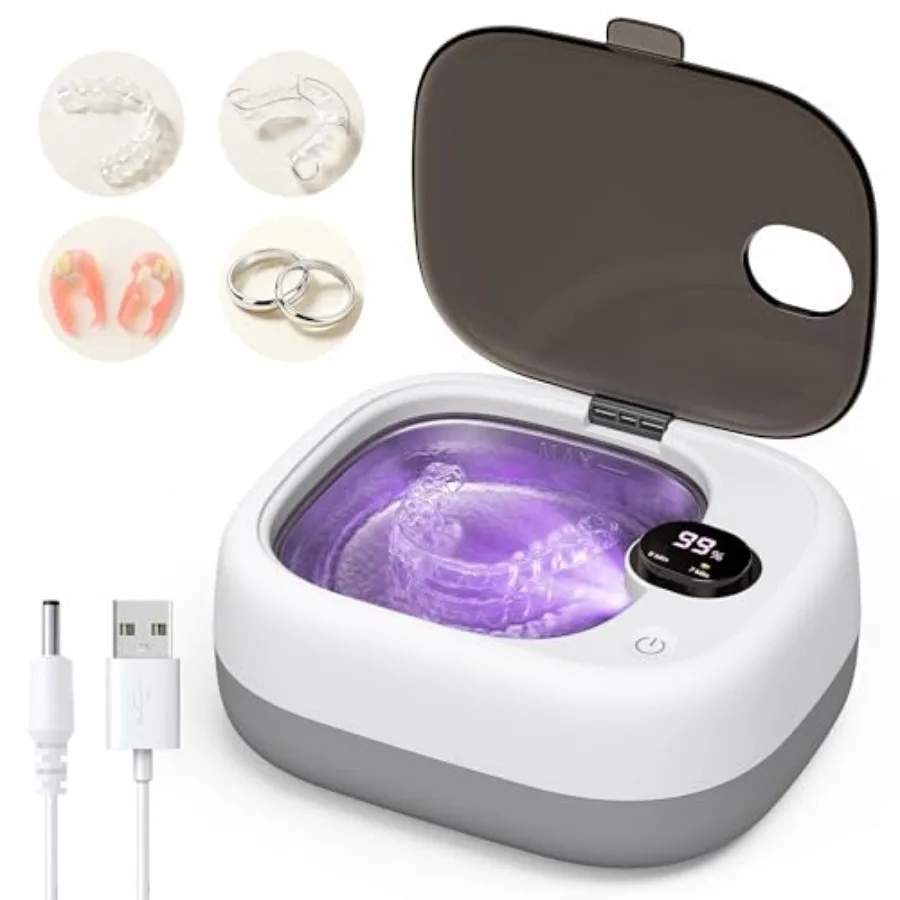 

UEOFEN Cordl Ultrasonic Retainer Cleaner: 10-14 Cleans per Charge, 7-Day Travel Power - Smart Battery Percentage Display and UV
