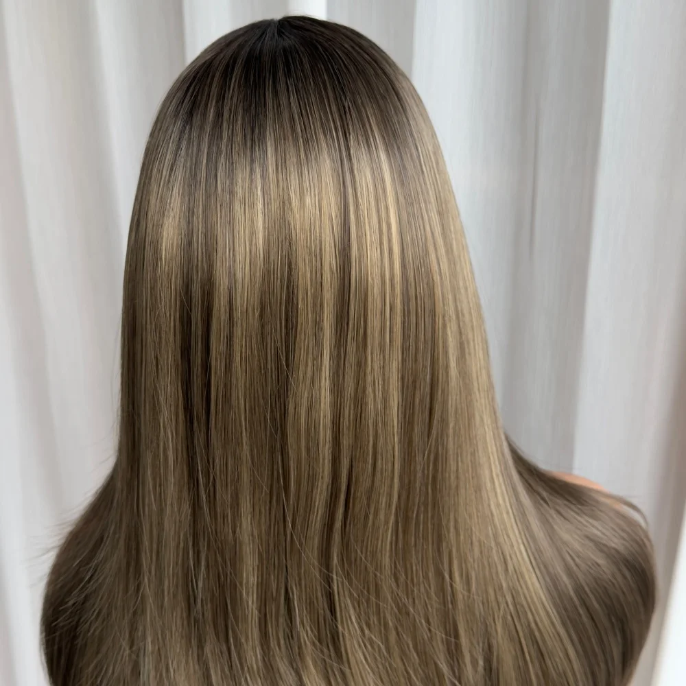 Synthetic Futura Lace Front Wig Dark Root Ash Highlight Long Straight Pre Plucked Hairline Heat Resistant Cosplay Halloween Wigs