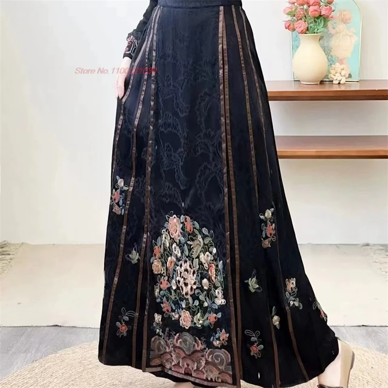 2025 chinese vintage skirt national flower embroidery satin jacquard skirt elastic waist a-line skirt oriental horse-face skirt