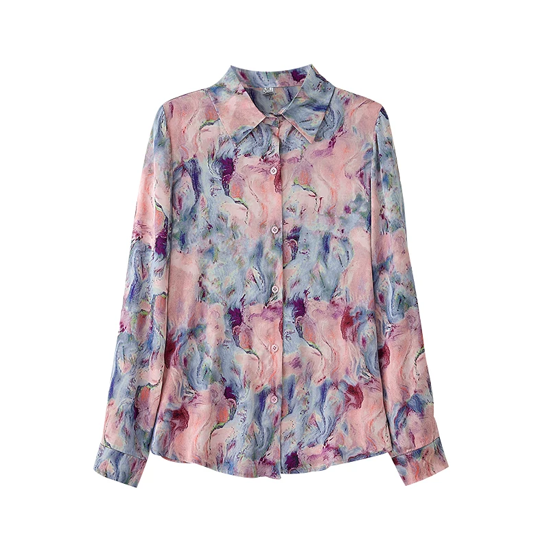 Camicie di seta stampate da donna 2025 Primavera Autunno Manica lunga Risvolto Button-up Camicette casual femminili Top da donna da ufficio Camisas