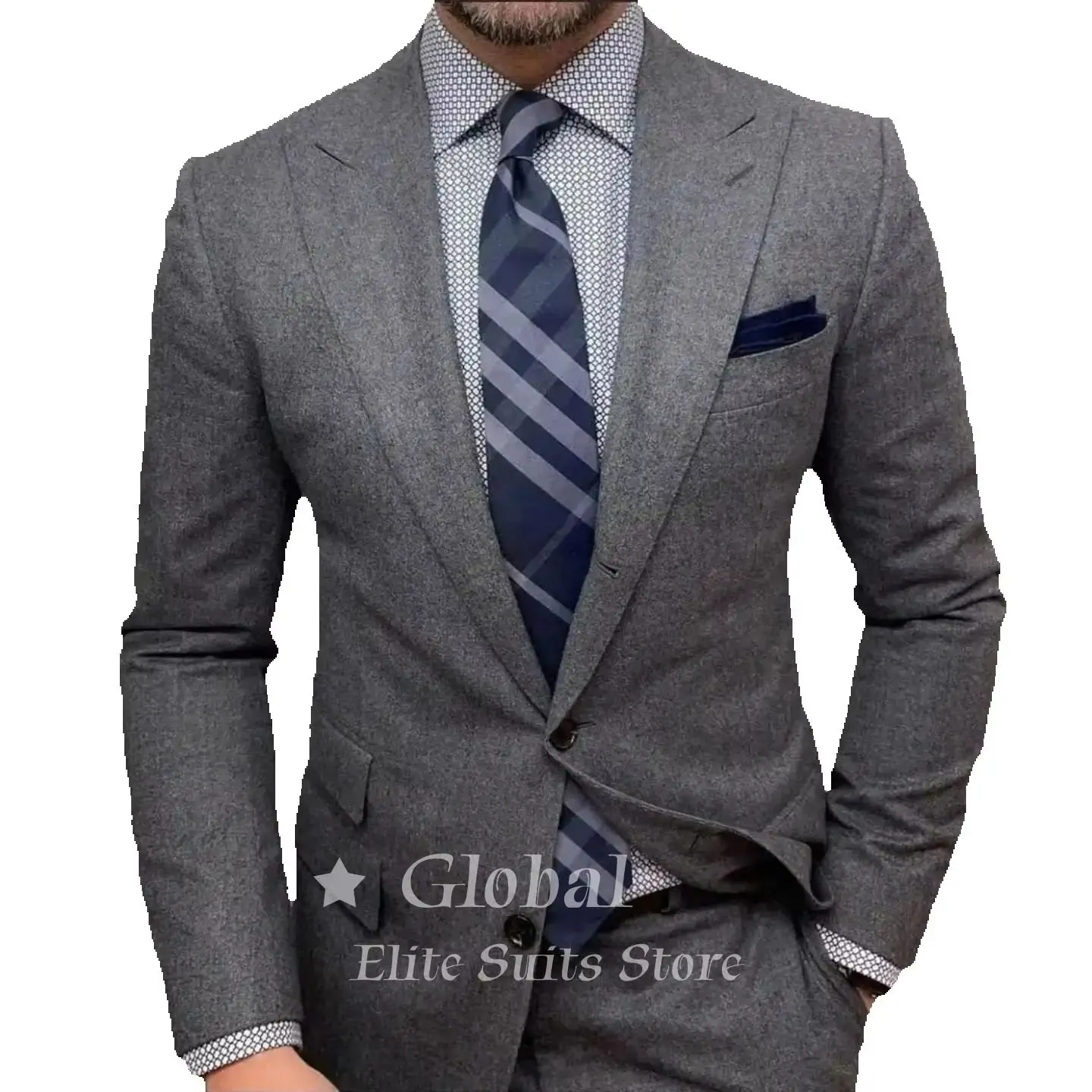 Men Dark Grey Wool Blend Suit 2 Piece Slim Fit Peak Lapel Blazer With Pants Casual And Formal Occasions Daily Wear Customized