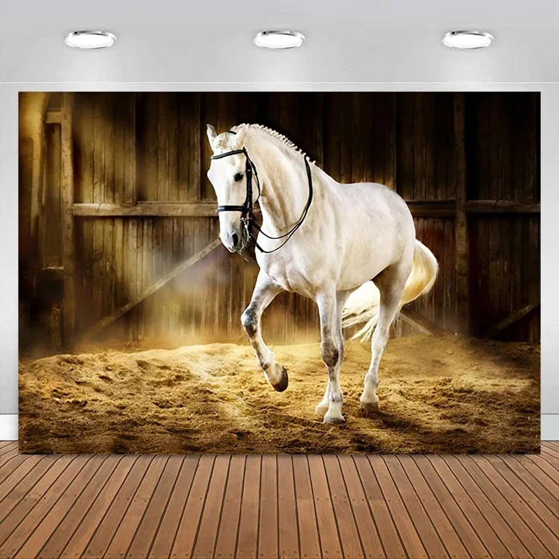 Countryside West Cowboy Backdrop Wooden Stable Western Photography Background White Horse Birthday Party Props Decoration Banner