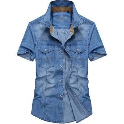 Summer Boy Fahion Style Bule Denim Men Shirt Hiking Breathable Clothing Turn-down Collar Homme Short Sleeve Slim Climb Shirts