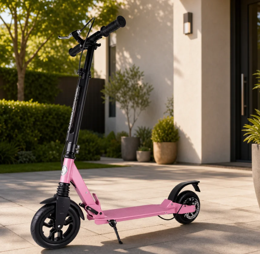 Dual Braking System City Scooter Pink & Black Aluminum Alloy Kick Scooter with Rear Disc Brake and Shock Absorber for Commuting