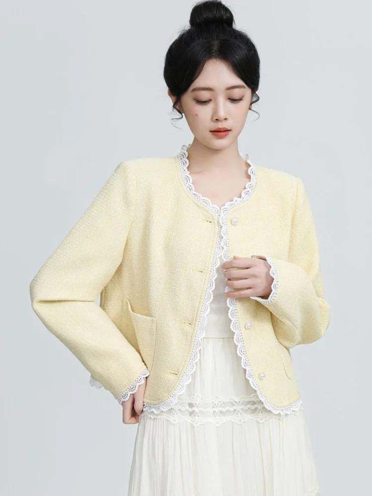 

Sweet Yellow Tweed Jackets Women Vintage Lace Patchwork Elegant Short Coat French Retro Casual O Neck Long Sleeve Fall Outwear