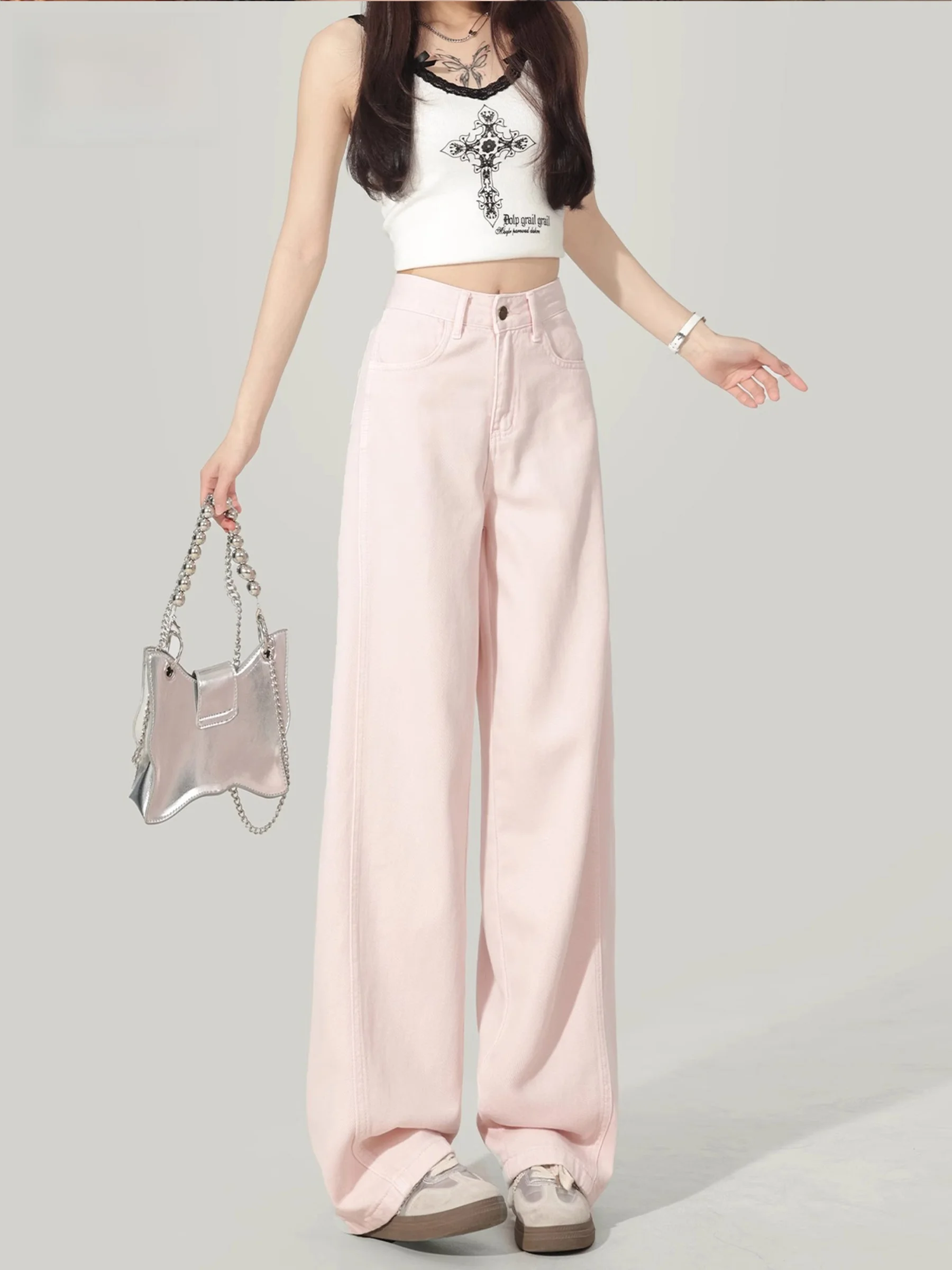 

Розовые женские джинсы с высокой талией и широкими штанинами, свободного кроя, летние, новая модель, стройнящие, длиной в пол, прямого силуэта