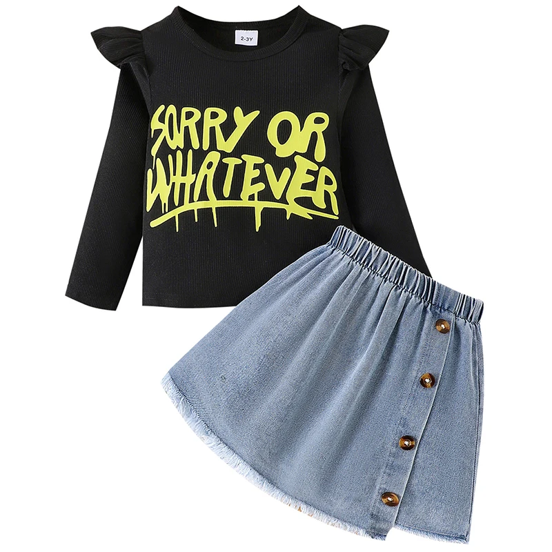 

Spring Fall Kids Girls Clothes Casual Fashion Letter Long Sleeve Tops+Denim Skirt Children's Sets Baby Boutique Clothing BC625