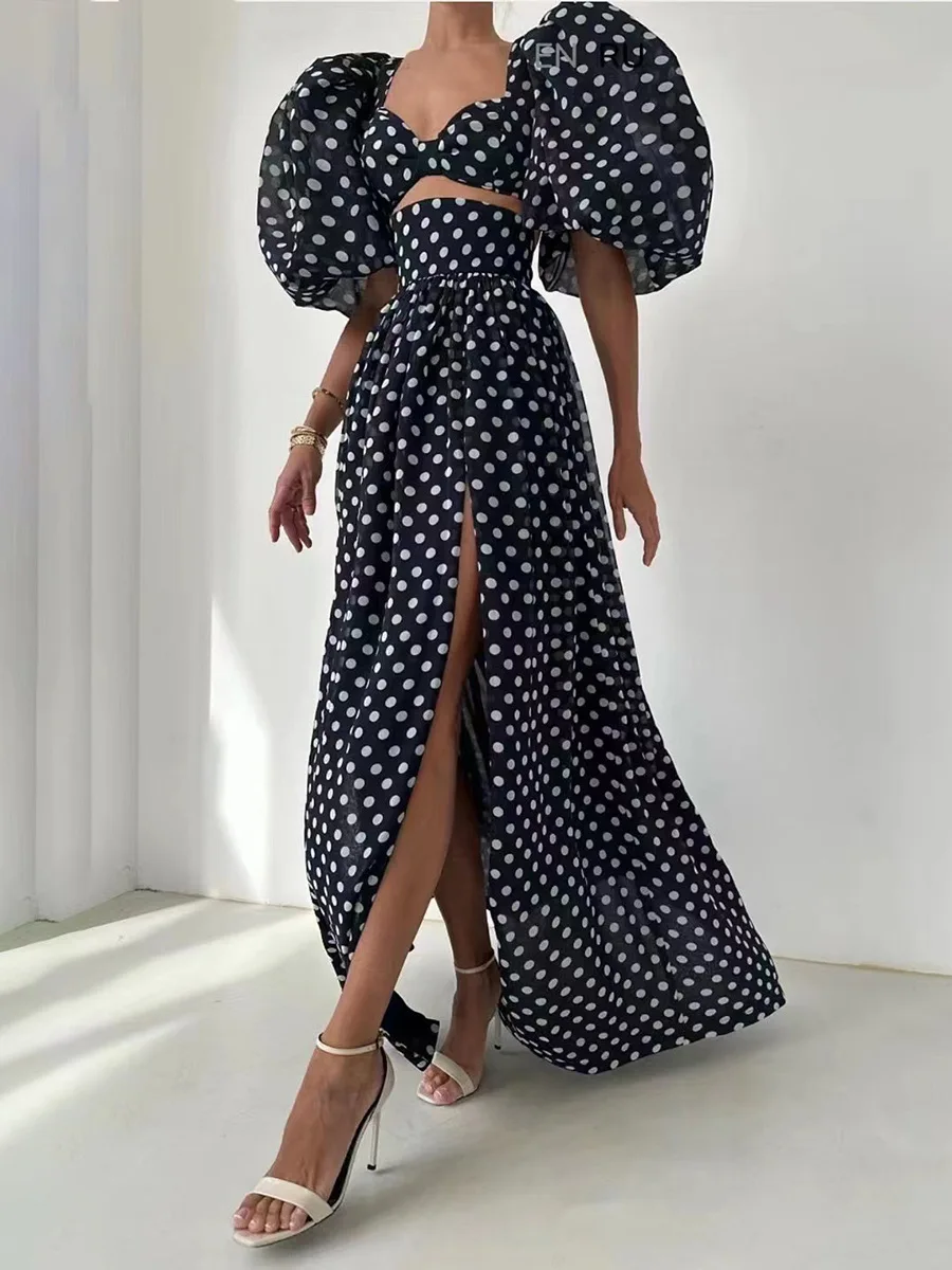 

Smocked Dresses Polka Dots Set Puff Sleeve Dots Top + Slit Skirt Two-piece 2024 Women's New In Outwear Woman Clothing