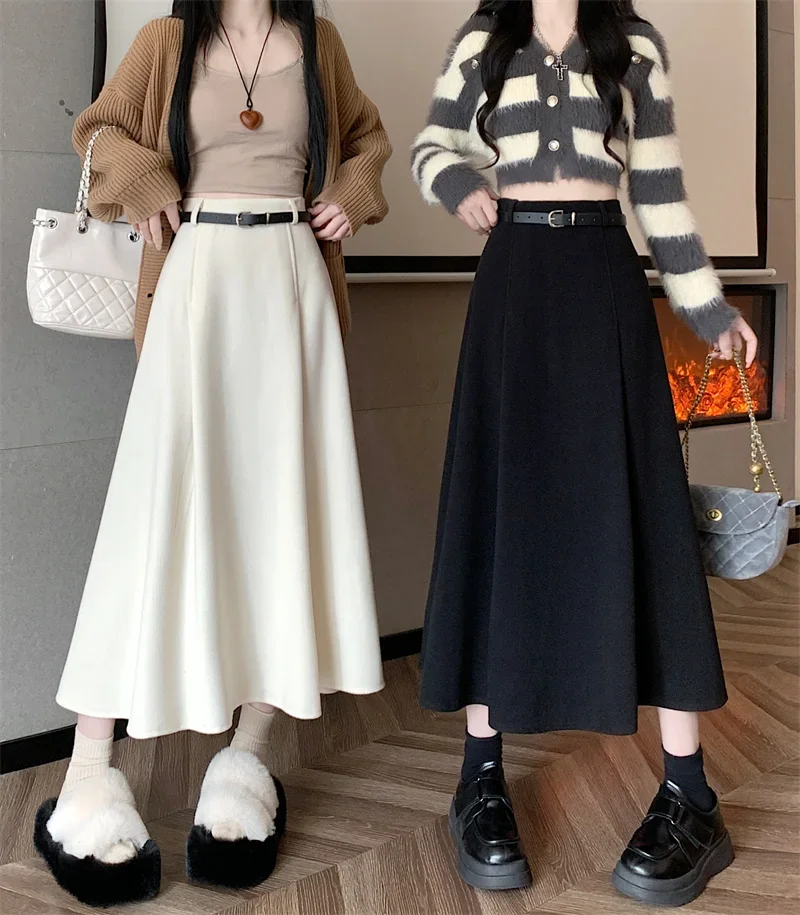 Korean Fashion High Waist Woolen Autumn Winter 2024 Slim A-line Pleated  Long Skirt