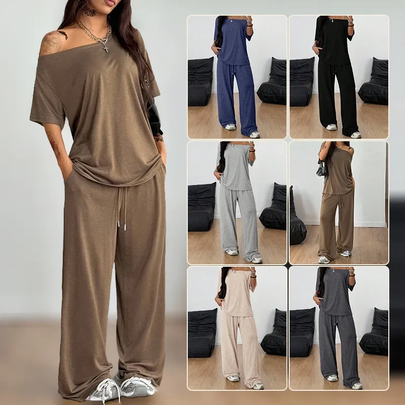 Women's Sets Two 2 Pieces Sale Casual Round Collar Short Sleeve Solid T-shirt Top&High Waist Sporty Wide Leg Pant Suits