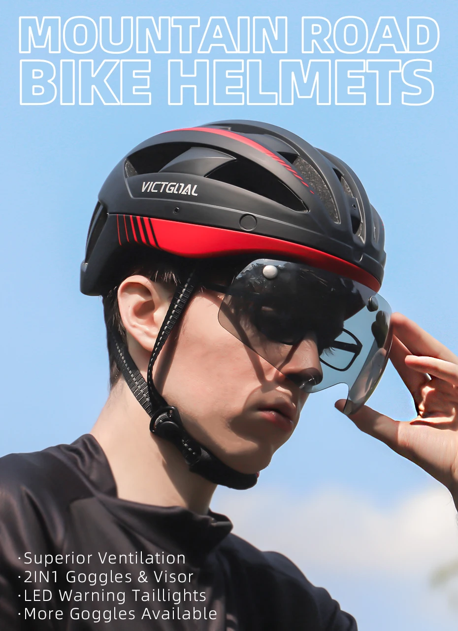 VICTGOOL Fahrradhelm für Männer Sonnenblende Goggles Radfahren Helm LED USB Licht Magnetische Linse MTB Rennrad Helme Sicherheit – Detail 1
