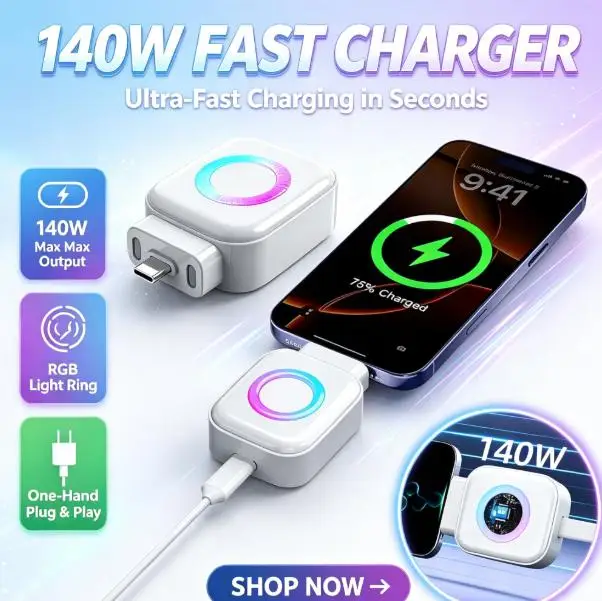 140W Type‑C Fast Charger Adapter With RGB Light Ring Auto Power‑Off Intelligent Full‑Charge Separator One‑Hand Plug Play Wall