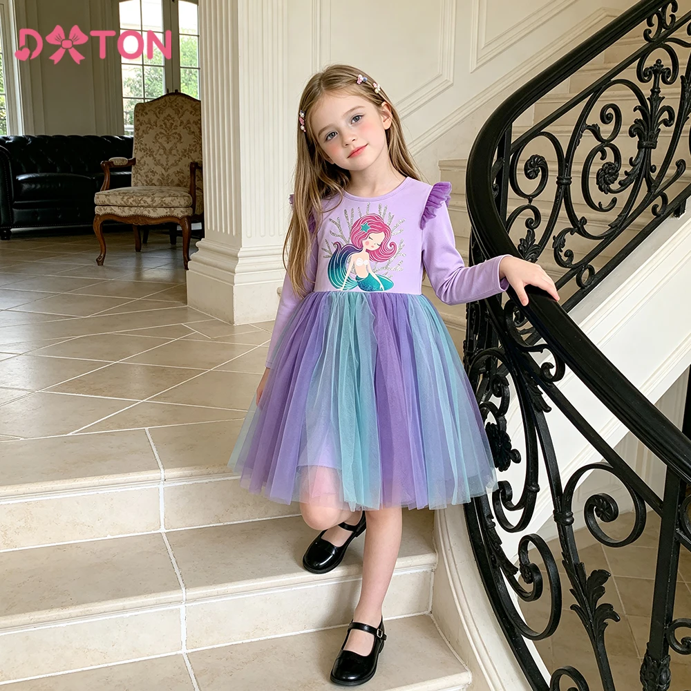 2024 neue Prinzessin Kleid Meerjungfrau Frühling Herbst Mädchen Kleid Rüschen Lange ärmeln kinder Party Kleidung Gradienten Mesh Kinder kleid