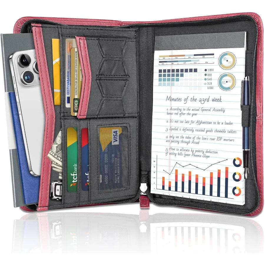 Portafoglio aziendale da donna in pelle rossa con cerniera con blocco note da 5,3 x 8 pollici e organizer compatto per appunti per lavoro o sch
