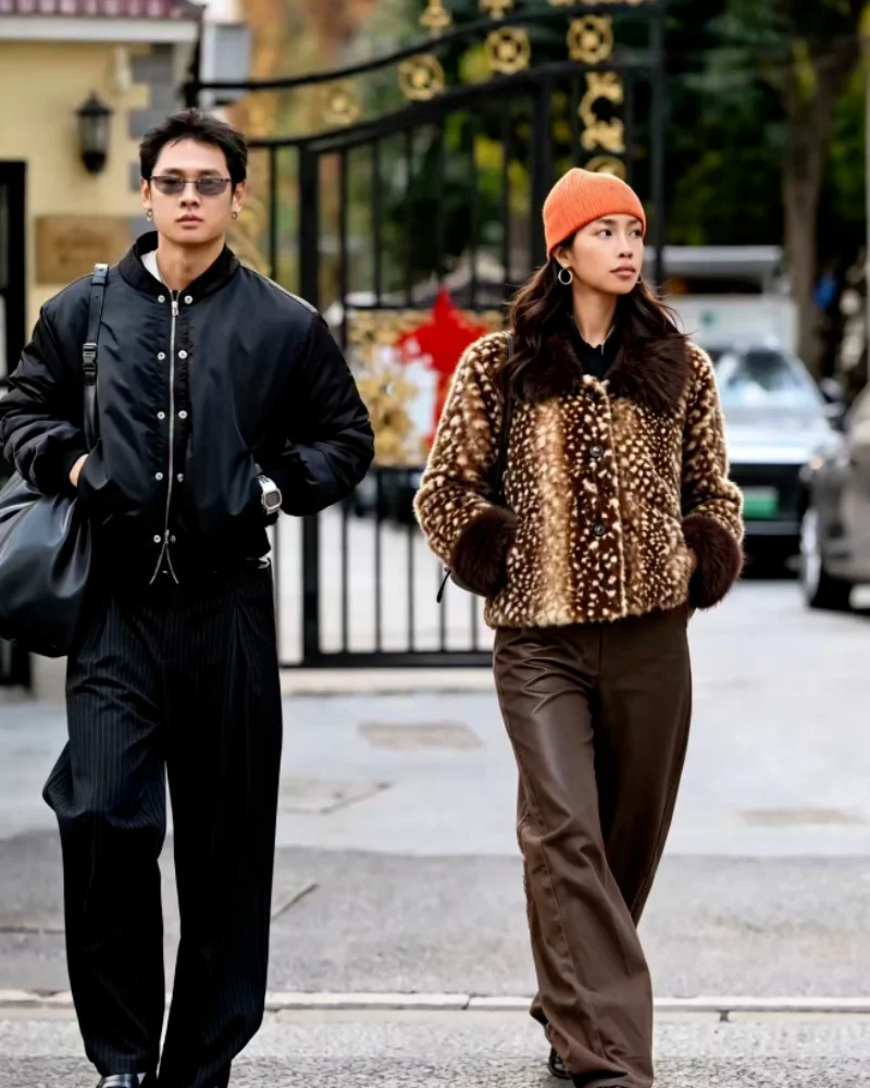 Women's faux fur 2026 autumn new European and American style retro spotted deer collar and cuffs faux fur patchwork jacket