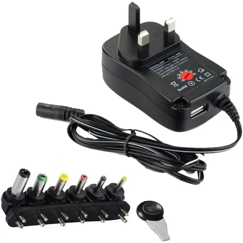 3-12V Adjustable Voltage Power Adapter, European and American Standard Multifunctional 30W Power Supply with Multiple Plugs