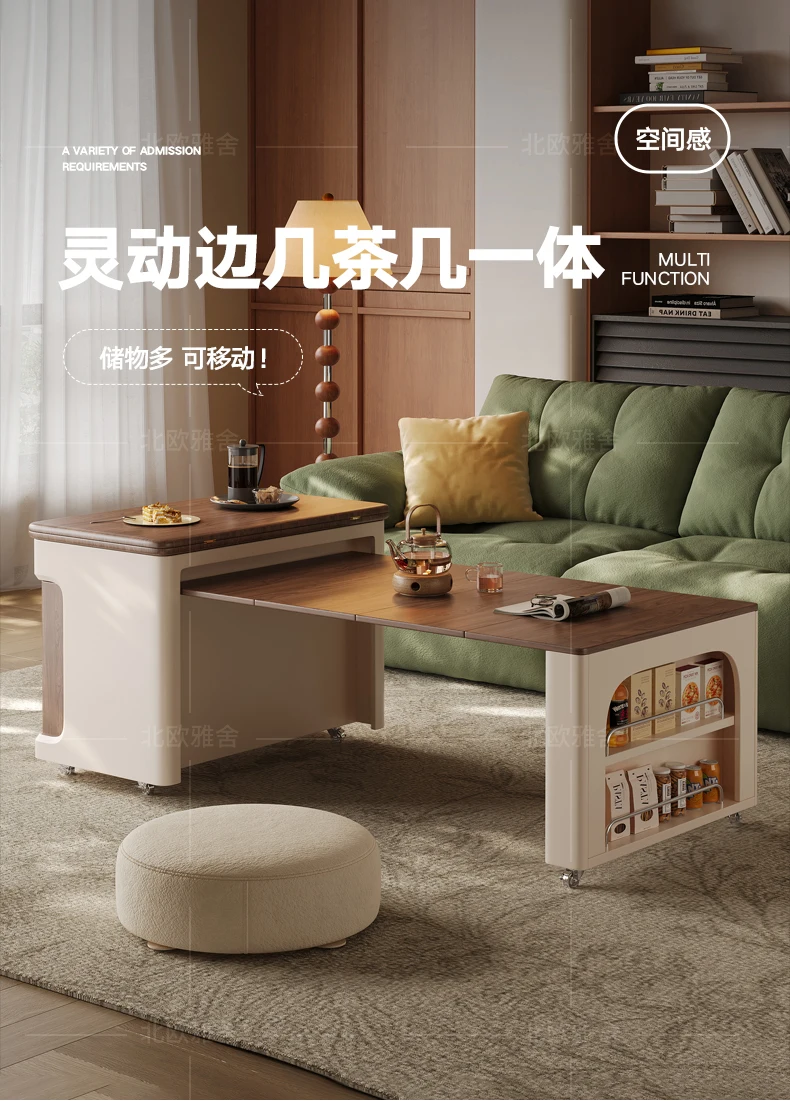 طاولة قهوة متحركة من الخشب الصلب، شقة منزلية صغيرة، غرفة معيشة، متعددة الوظائف، عربة أريكة قابلة للطي تلسكوبية #6