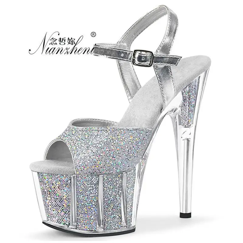Women's Bling Glitter Platform Wedding Shoes 17cm Stiletto Heels Sandals 7 Inch Silver Pole Dancing Transparent Exotic Stripper