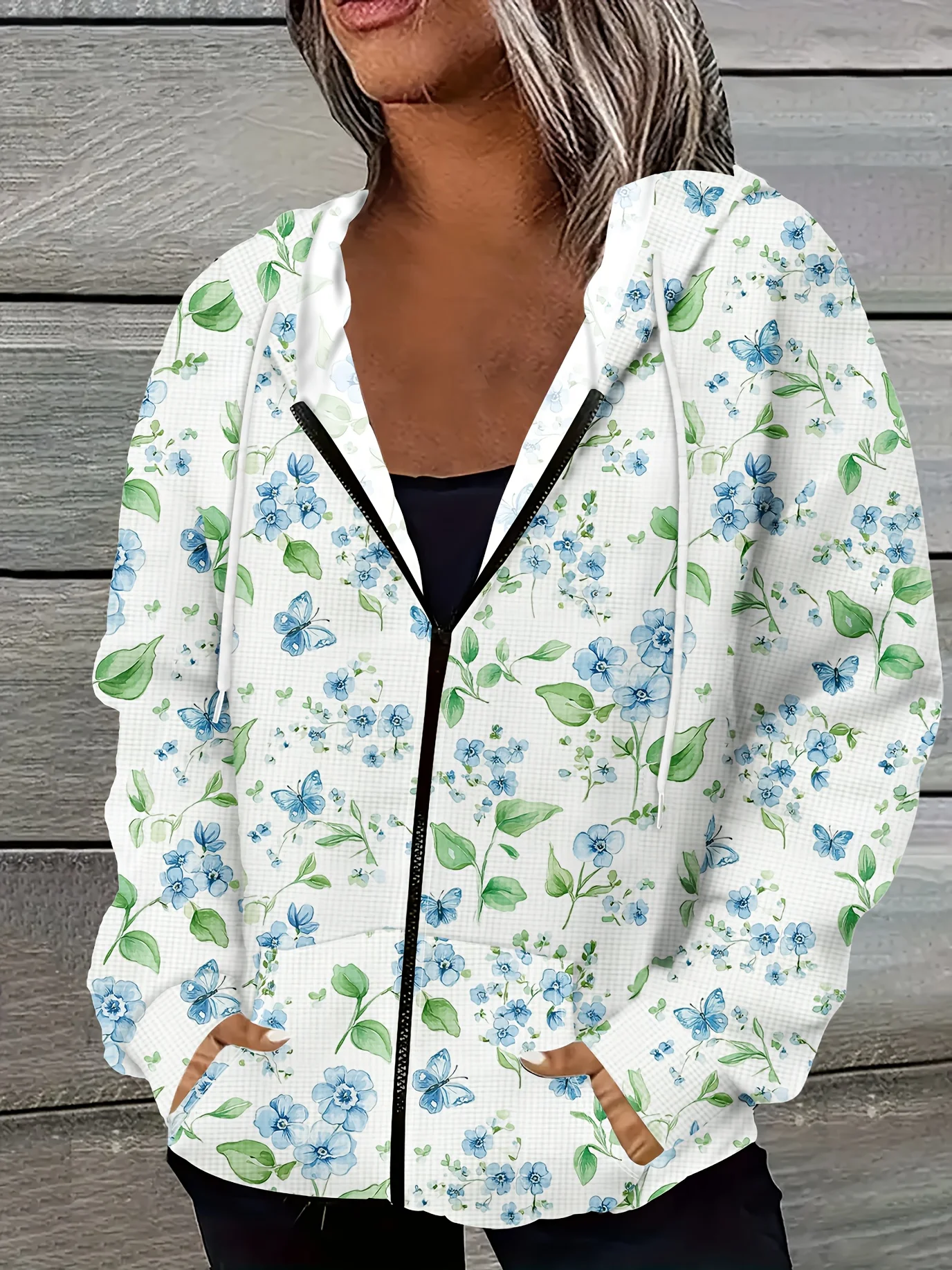 Fresh Botanical Floral Butterfly Print Zip Hoodie for Women – Lightweight Drawstring Hooded Jacket