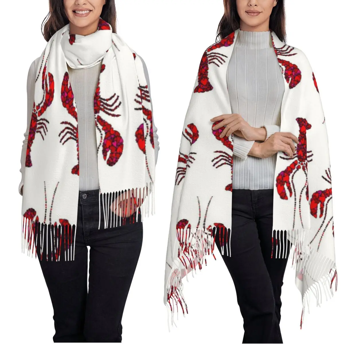 Акварельный красный шарф-лобстер, шарфы с кисточками для женщин, мягкие теплые шали и накидки, большая осенне-зимняя шаль