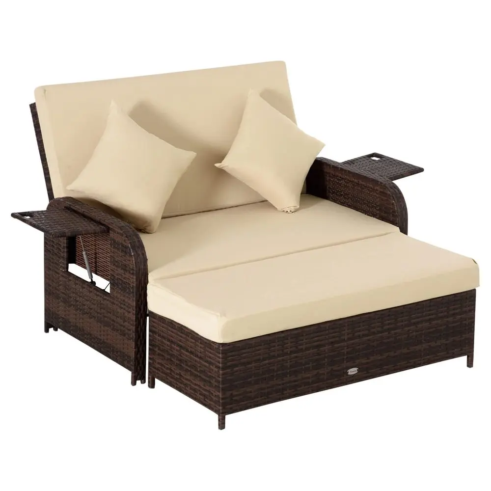 Patio Rattan Daybed with Cushions, Wicker Outdoor Bed Lounger w Loveseat, Storage Ottoman, Coffee amp Side Tables, for Poolside