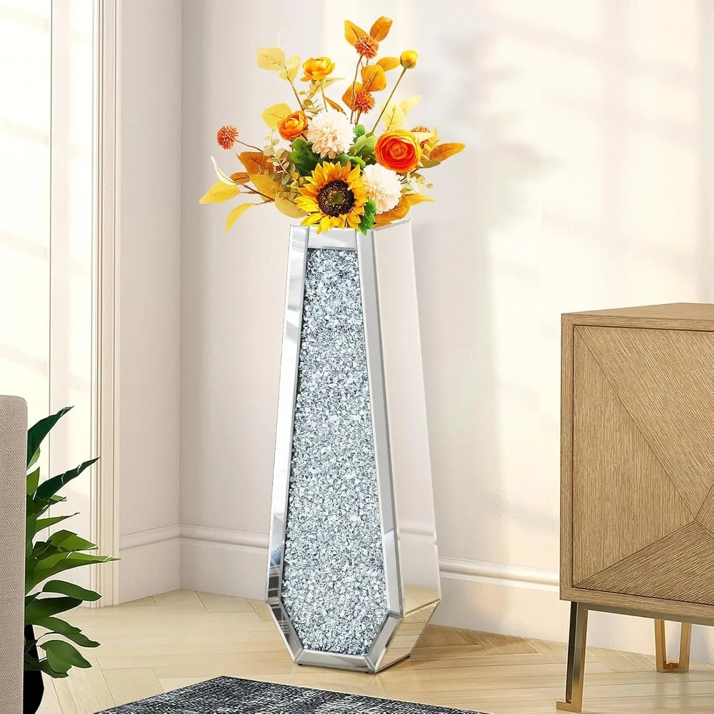 

30-Inch Tall Crushed Diamond Pattern Floor Vase, Silver Decorative Vases for Living Room, Crystal Mirrored Home Decor Vases for