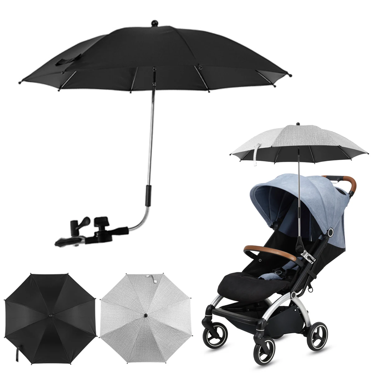 Beach Chair Umbrella UV Protection Baby Stroller Umbrella 360° Adjustable Chair Sunshade with Clamp Sun Rainproof and Windproof