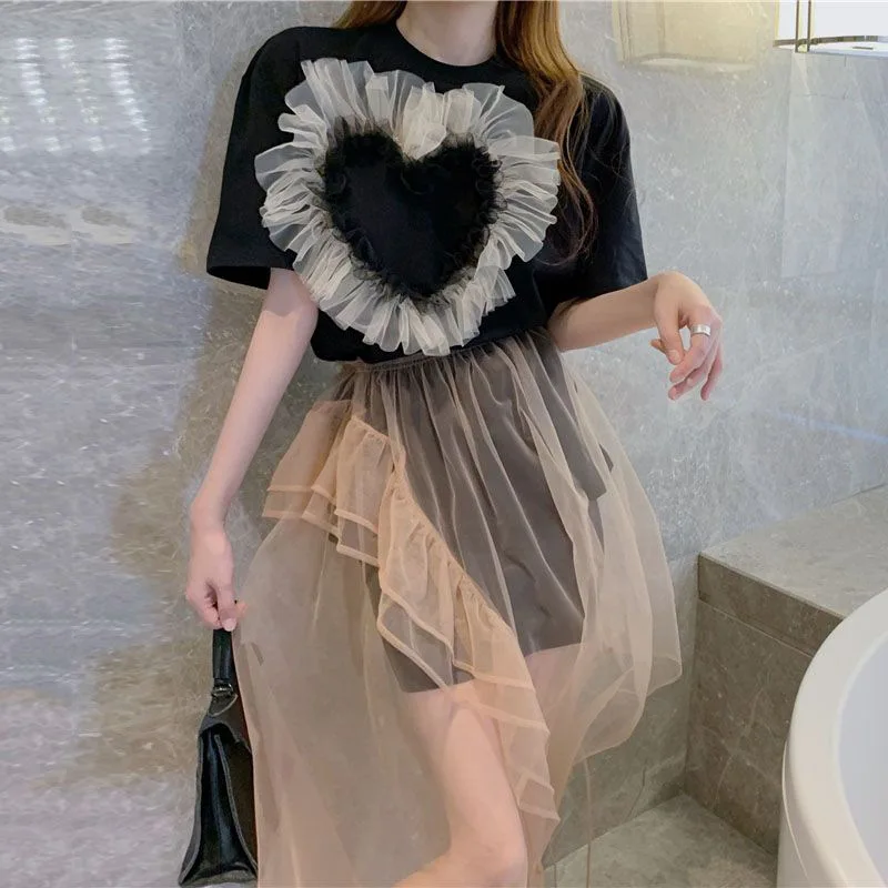 

Simple and versatile two-piece set 2025 summer new love design splicing shirt + loose mesh skirt set for women y2k 2025 New