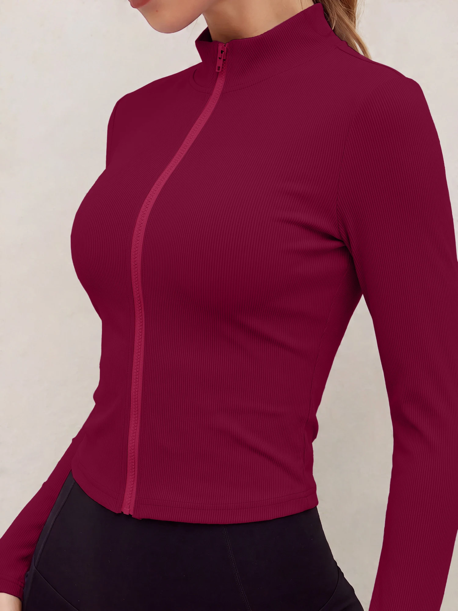 Trend Ribbed Stand Collar Zip Crop Jacket, Slim Long Sleeve Knit Top for Street Snap & Daily Y2K OOTDs image 4