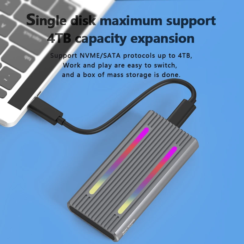 กล่องฮาร์ดไดรฟ์ RGB แบบ Dual Protocol NVMe/SATA ตัวอ่าน m2ssd แบบสากล Type-C กล่อง SSD ภายนอก