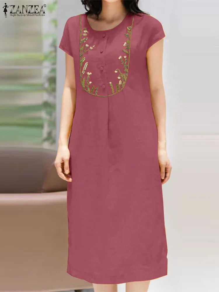 

ZANZEA Summer O Neck Short Sleeve Sundress Women Elegant Work Party Dress Casual Floral Embroidery Robe Loose Holiday Vestidos