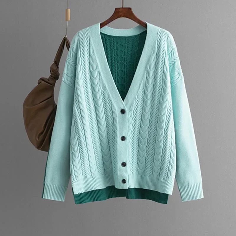 

Patchwork Design Knitted Sweater Cardigan Women V-neck Single Breasted Loose Knitwears Coats Tops Casual Long Sleeve Abrigos New