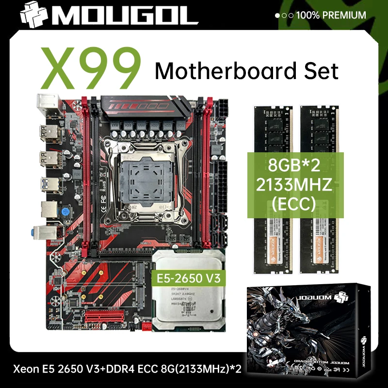 

MOUGOL Red X99 Motherboard Kit Set Intel Xeon With E5 2650 V3 CPU & Dual-channel DDR4 8Gx2 2133MHz ECC RAM for Gaming Computer