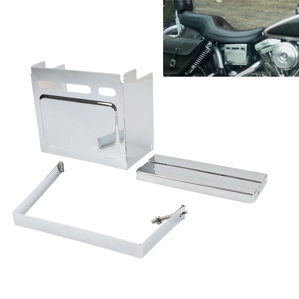 3Pcs Chrome Motorbike Battery Side Top Cover Protector Strap Kit For Harley FXWG 1980-1986 For FXE FXS