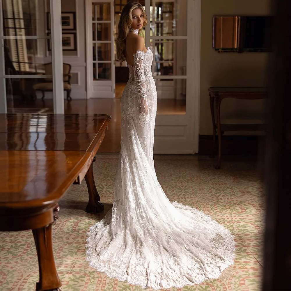 

Customized Soft White Lace Wedding Dress Formal Sweetheart Sleeveless Bridal Gowns Boho Mermaid Court Train Vestido De Novia