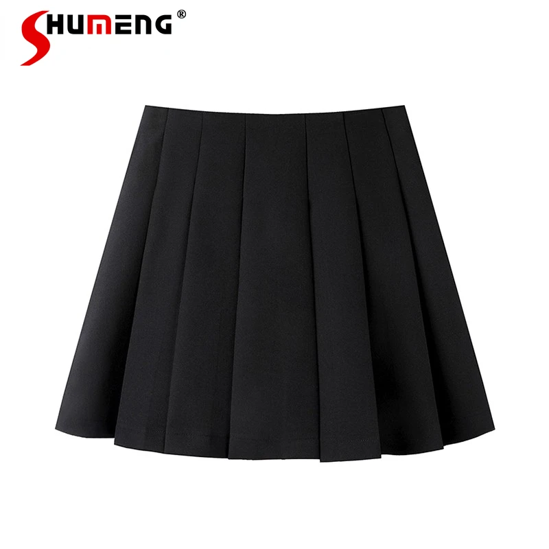 

Spring Autumn Black Fashionable Pleated Skirt Women's All-Matching High Waist Anti-Exposure Solid Color Short A- Line Skirts